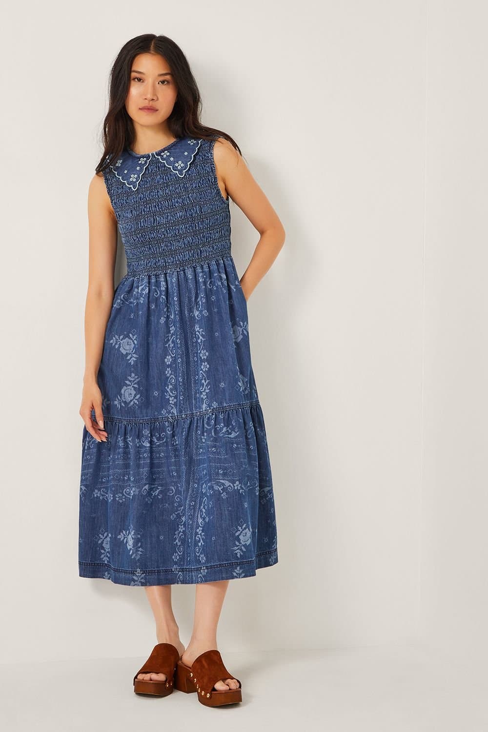 Monsoon Monsoon Women's Cecily Floral Smocked Denim Midi Dress Blue