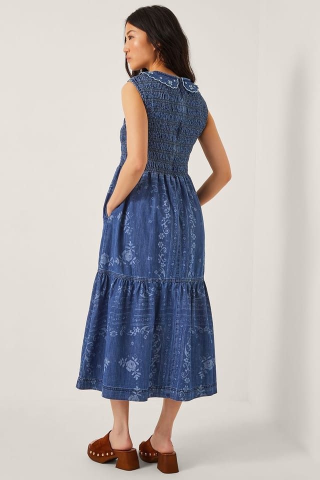 Monsoon Monsoon Women's Cecily Floral Smocked Denim Midi Dress Blue - 2