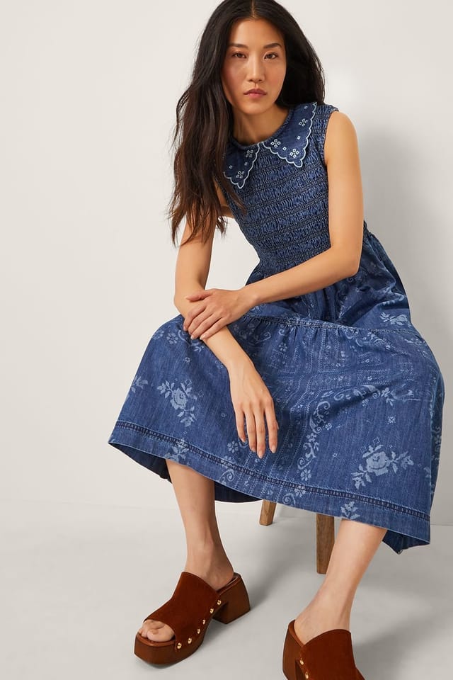 Monsoon Monsoon Women's Cecily Floral Smocked Denim Midi Dress Blue - 3