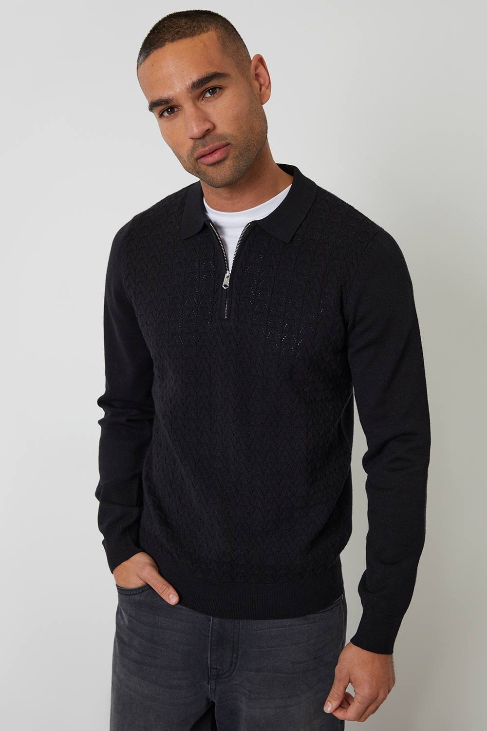 Threadbare Threadbare Men's Textured Knit Quarter Zip Polo Jumper in Black - 2