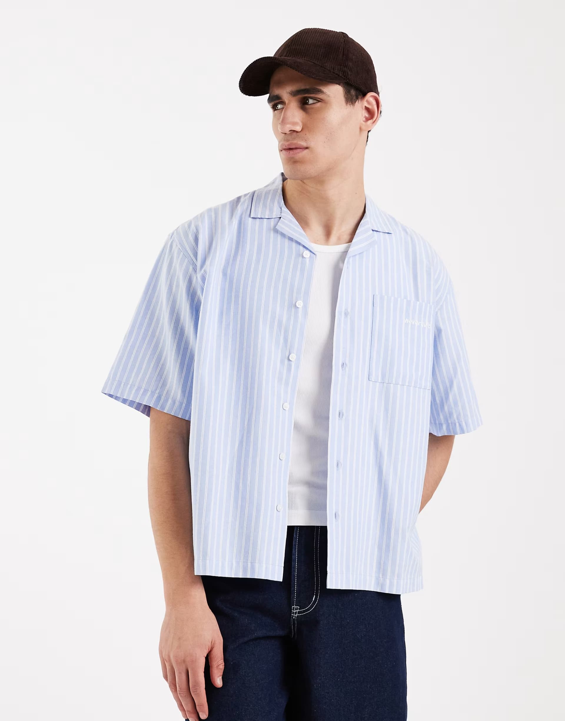 ASOS Redefined Rebel Kabir oversized fit short sleeve stripe shirt in light blue