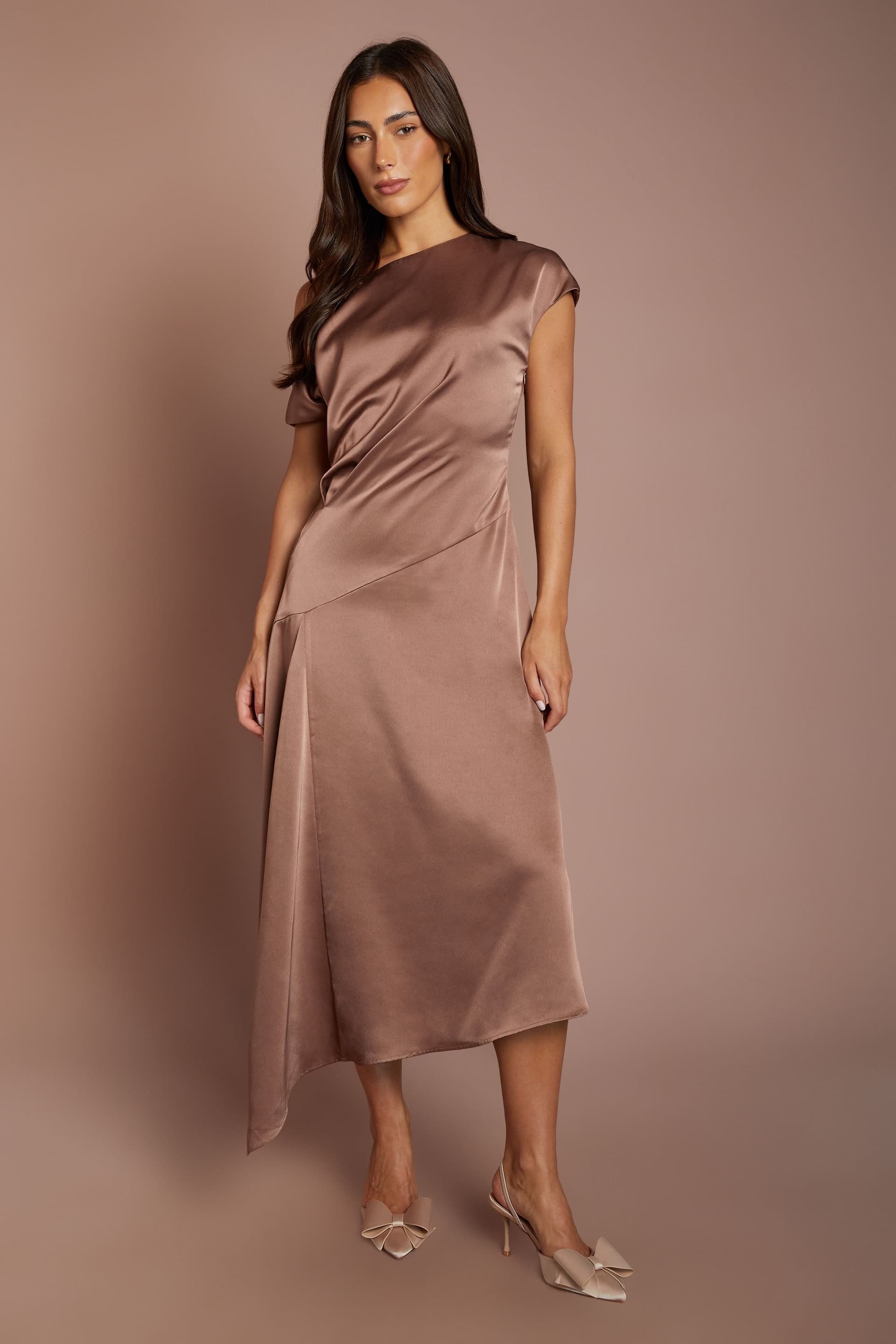 Coast Coast Women's Off The Shoulder Asymmetric Hem Satin Midi Dress in Mink