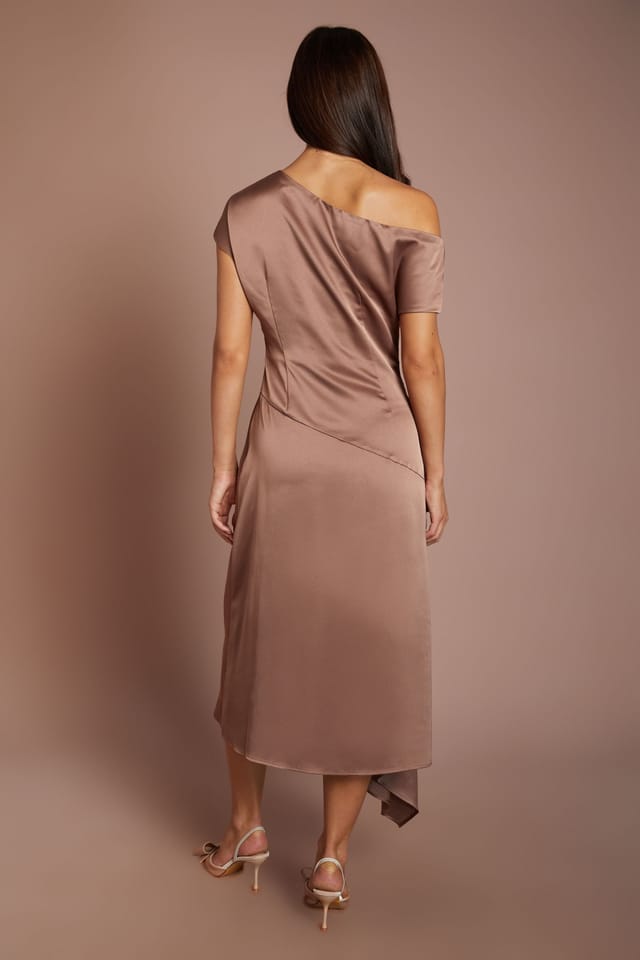 Coast Coast Women's Off The Shoulder Asymmetric Hem Satin Midi Dress in Mink - 3