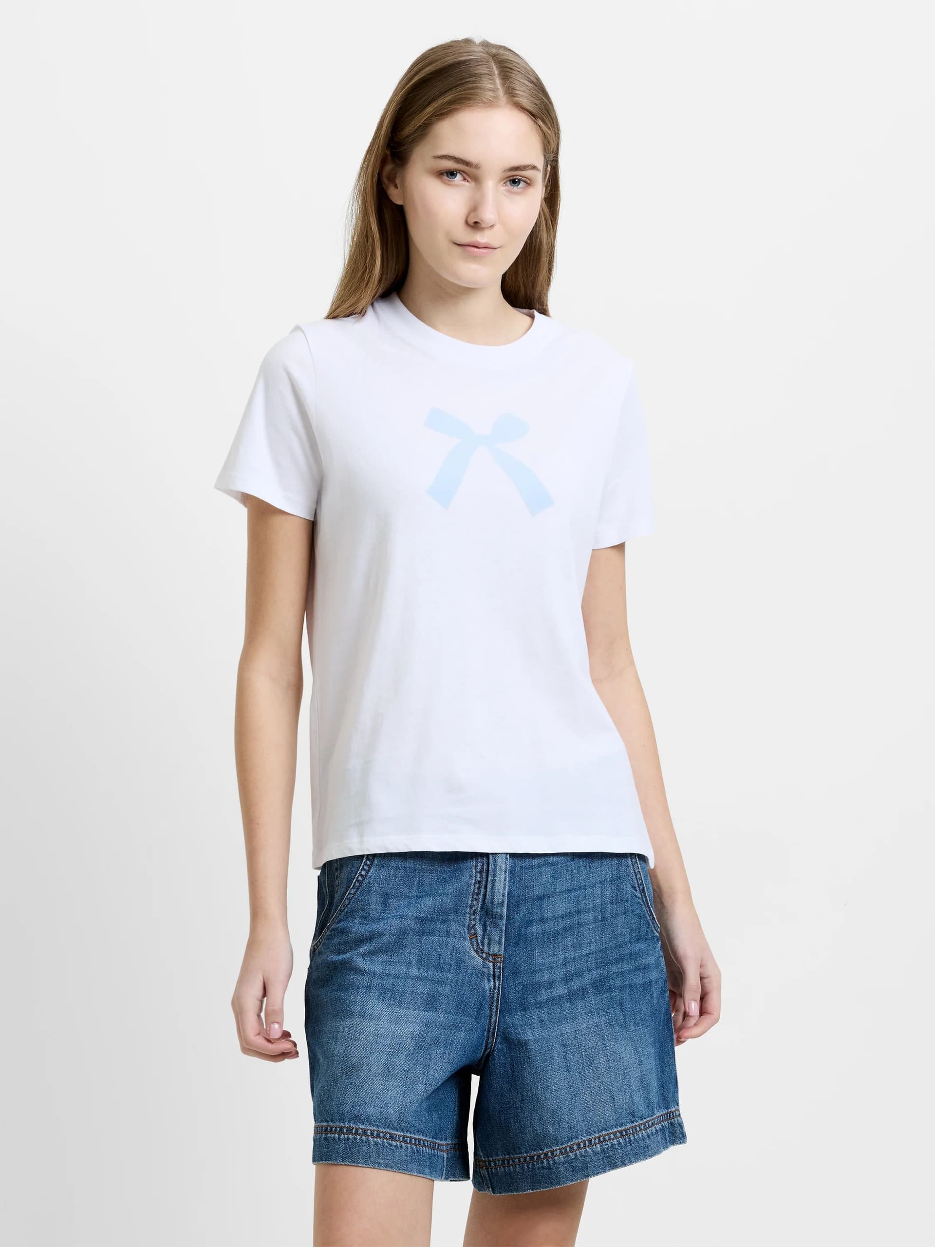 French Connection Bow Flocked Graphic T-Shirt White/Sky Blue