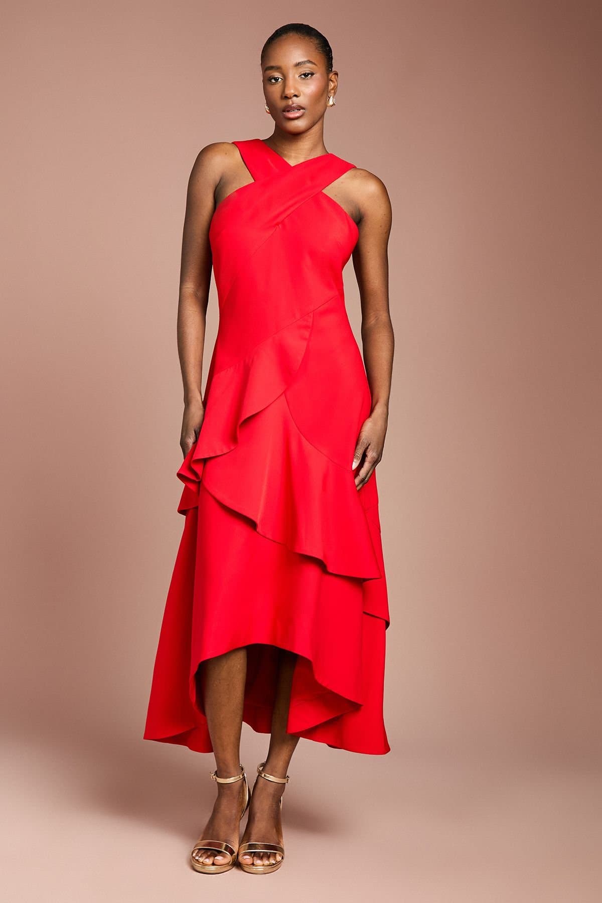 Coast Coast Women's Cross Neck Ruffle Crepe Midi Dress in Red