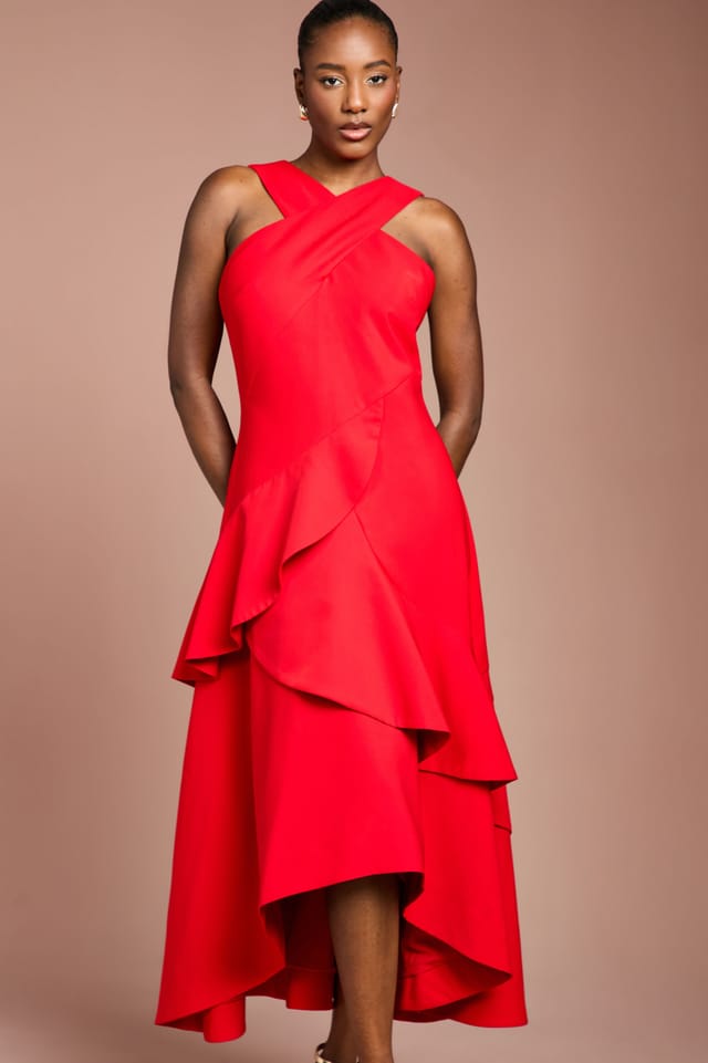 Coast Coast Women's Cross Neck Ruffle Crepe Midi Dress in Red - 2