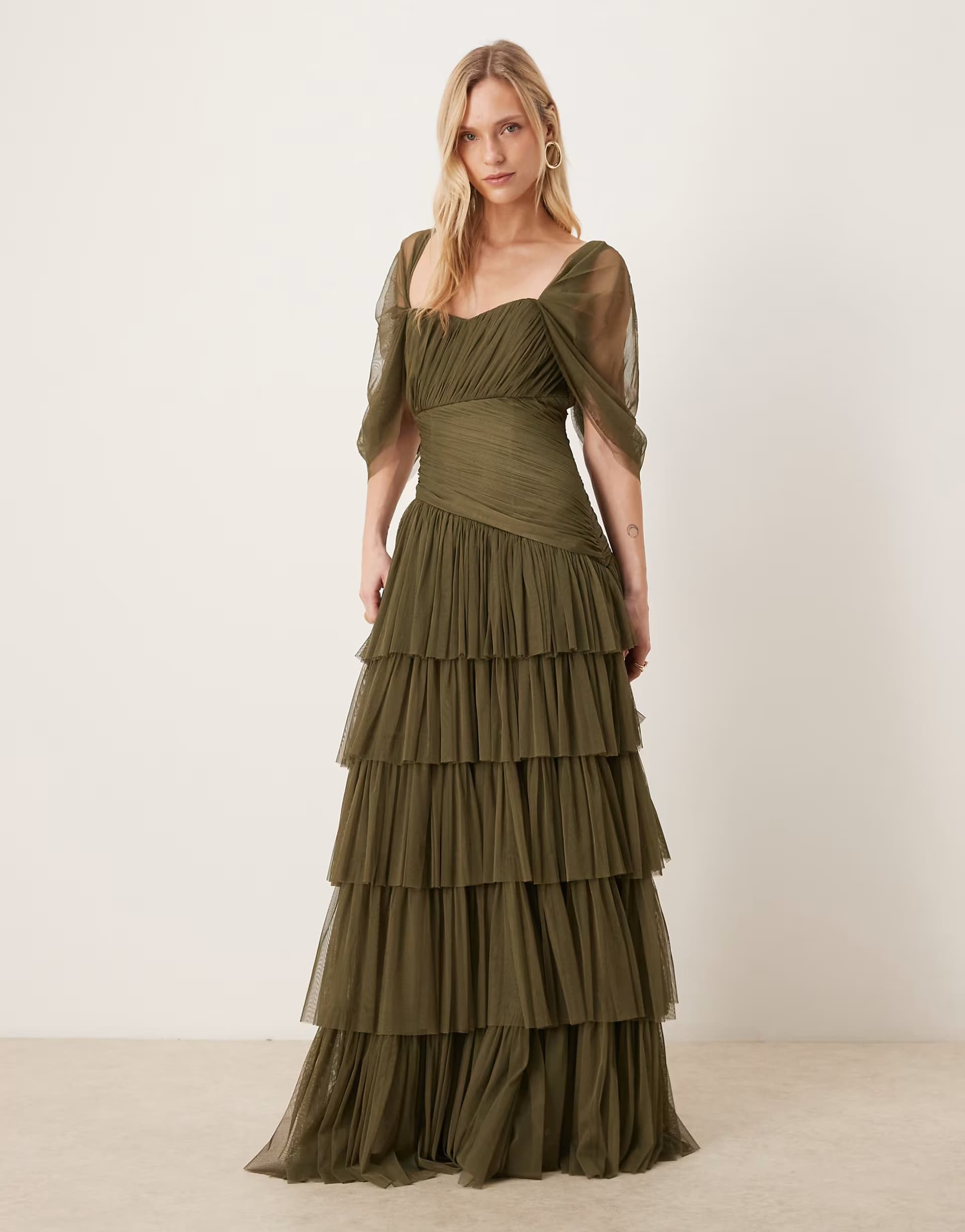 ASOS Lace & Beads Petite asymmetric ruffle tulle maxi dress in deep olive