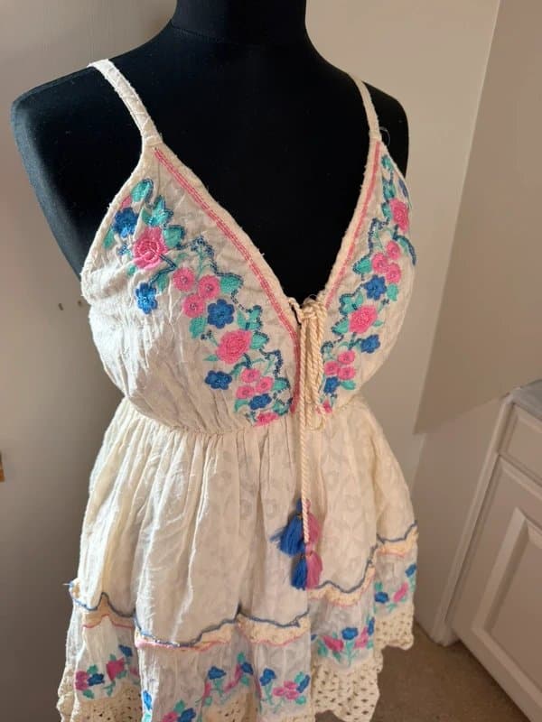 Papa Pia Papa Pia Luxe Boho White Pink Blue Embroidered Tassel Floaty Cotton Mini Dress Kaftan One Size 8-14