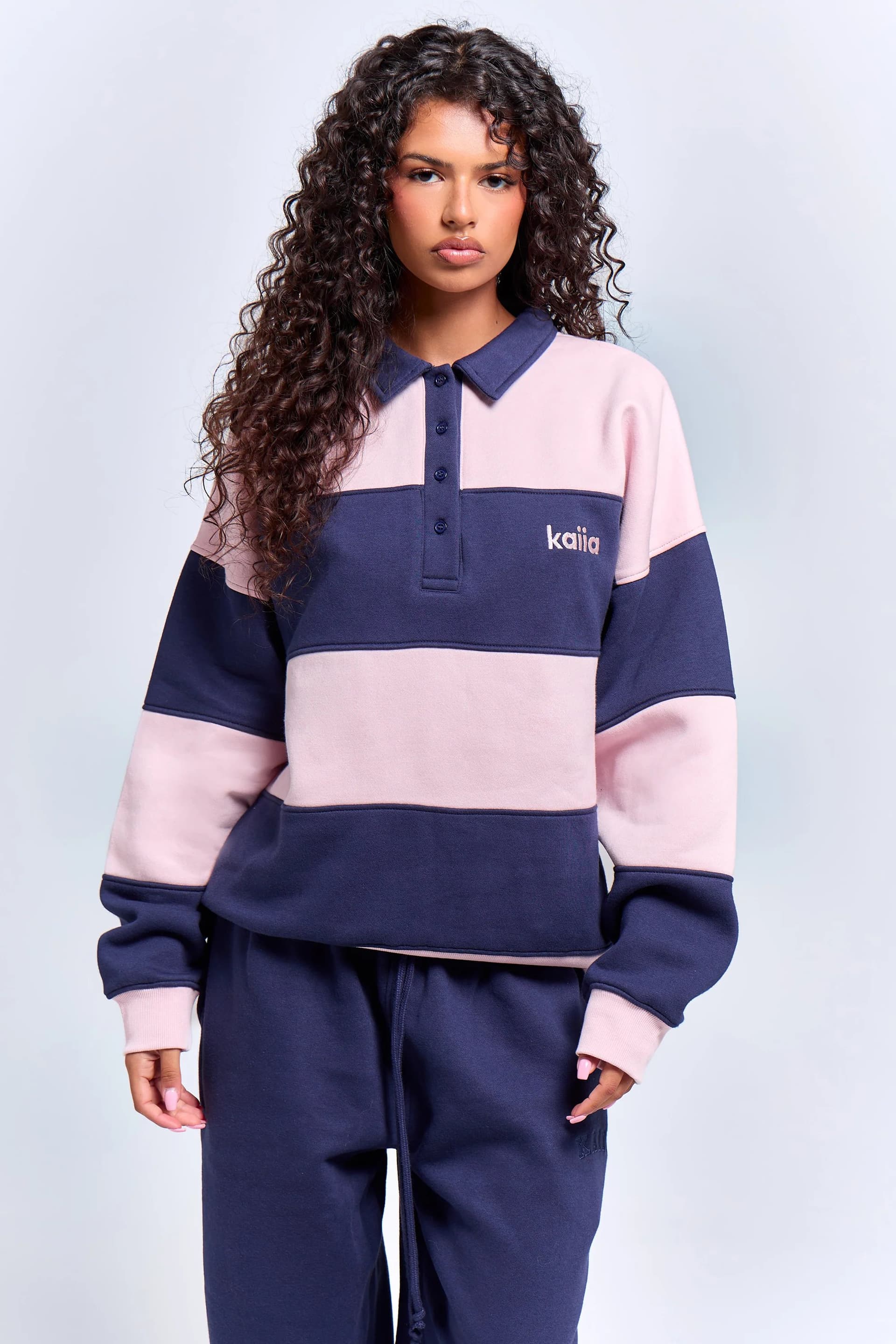 Kaiia Kaiia Striped Oversized Rugby Sweatshirt Deep Blue & Pink Chai