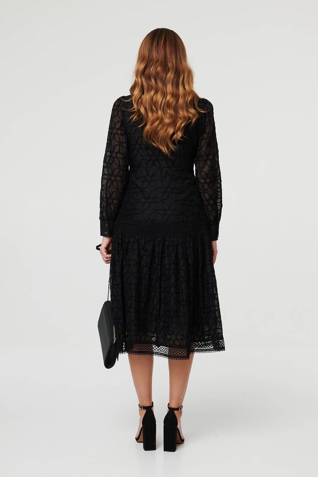 Izabel London Izabel London Women's Embroidered Lace Long Sleeve Midi Dress in Black - 3