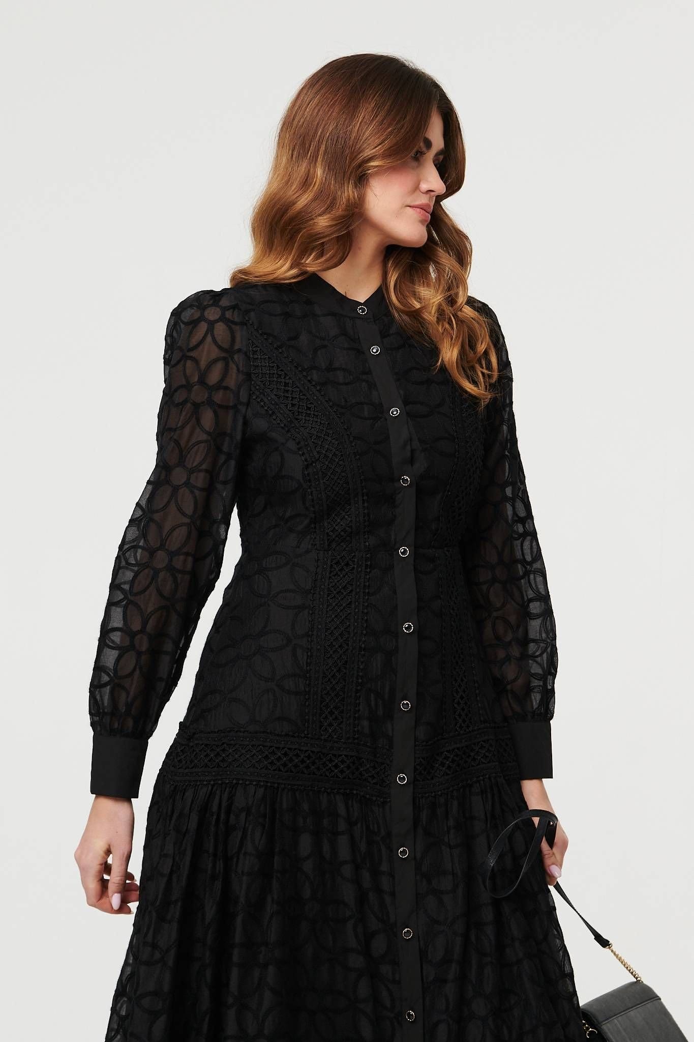 Izabel London Izabel London Women's Embroidered Lace Long Sleeve Midi Dress in Black - 4