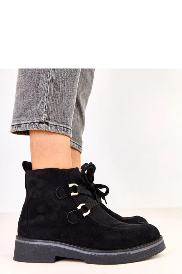 Love Lace Love Lace Women's Soft Faux Suede Lined Ankle Boots with Stable Heel Zip Laces in Black - 2
