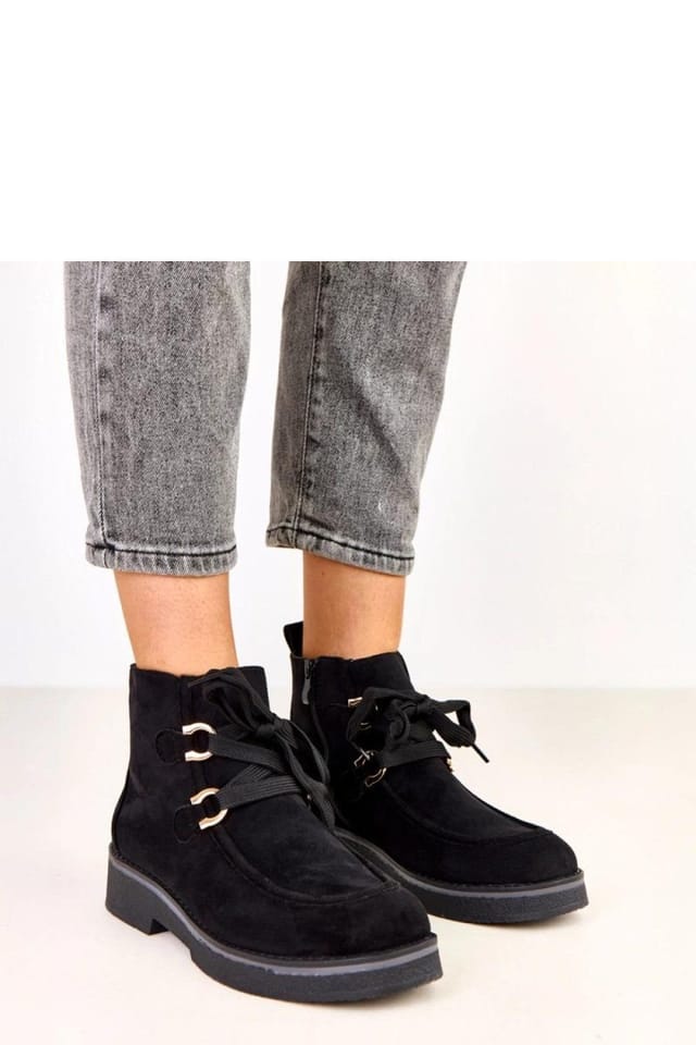 Love Lace Love Lace Women's Soft Faux Suede Lined Ankle Boots with Stable Heel Zip Laces in Black - 3