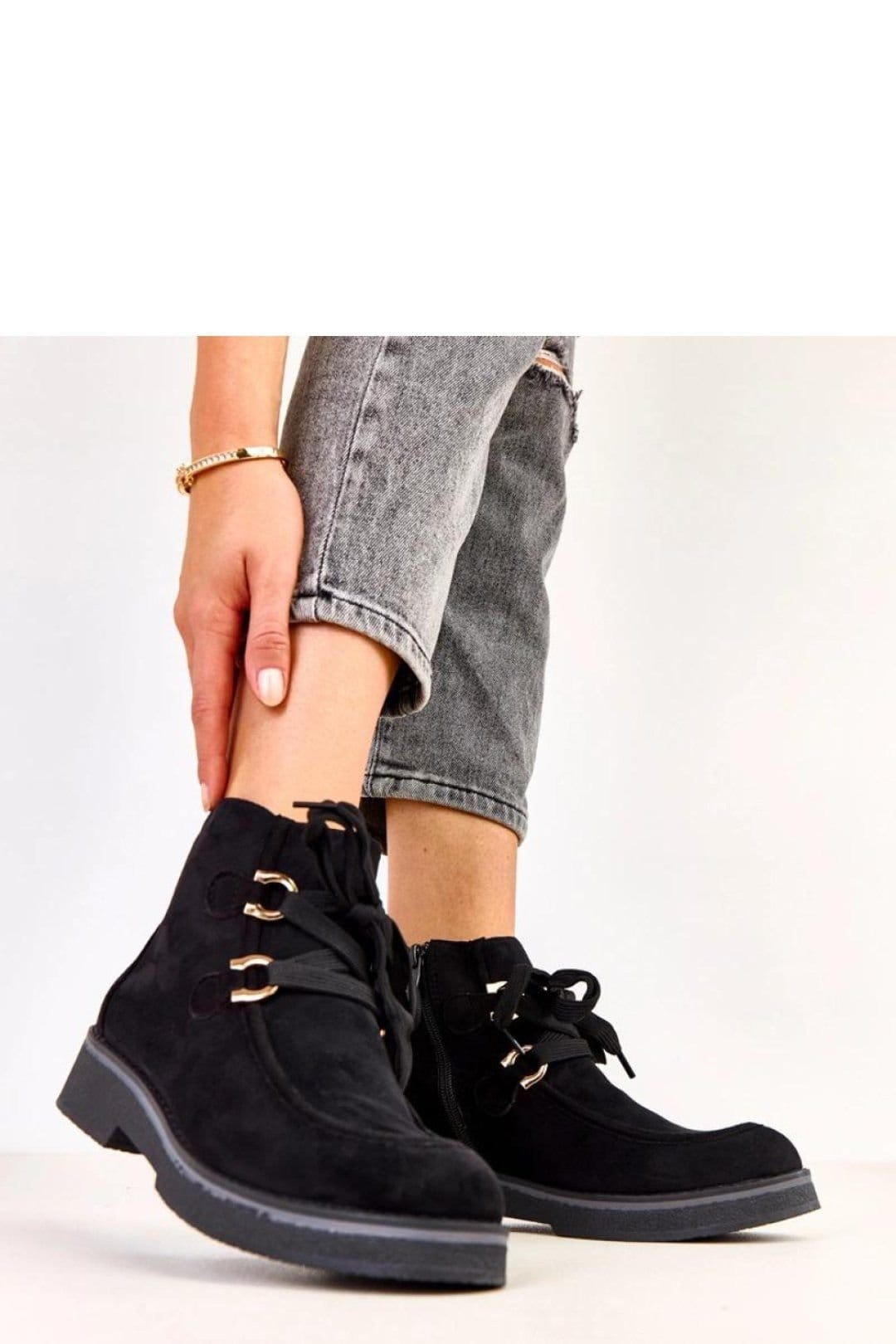 Love Lace Love Lace Women's Soft Faux Suede Lined Ankle Boots with Stable Heel Zip Laces in Black - 4