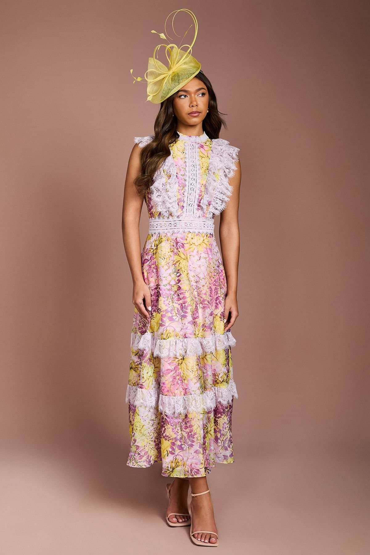 Coast Coast Women's Lace Trim Printed Georgette Midi Dress in Blush