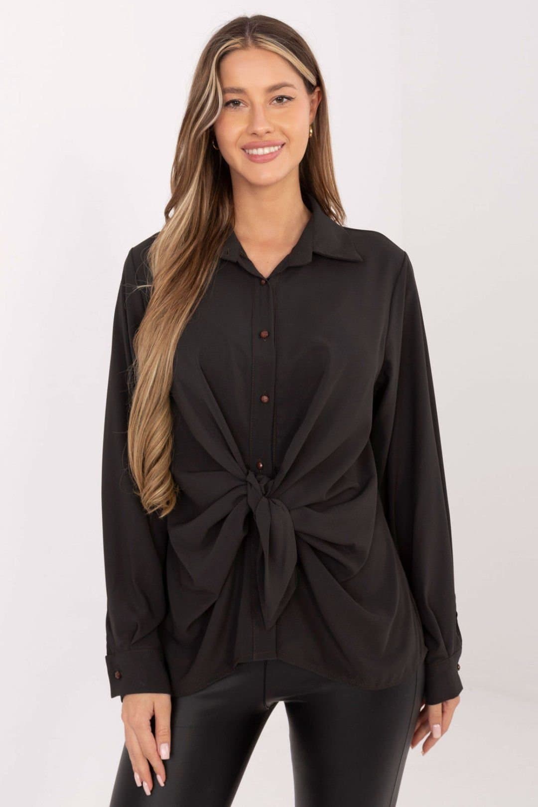 Love Lace Love Lace Women's Elegant Long Sleeve Polyester Button Shirt in Black