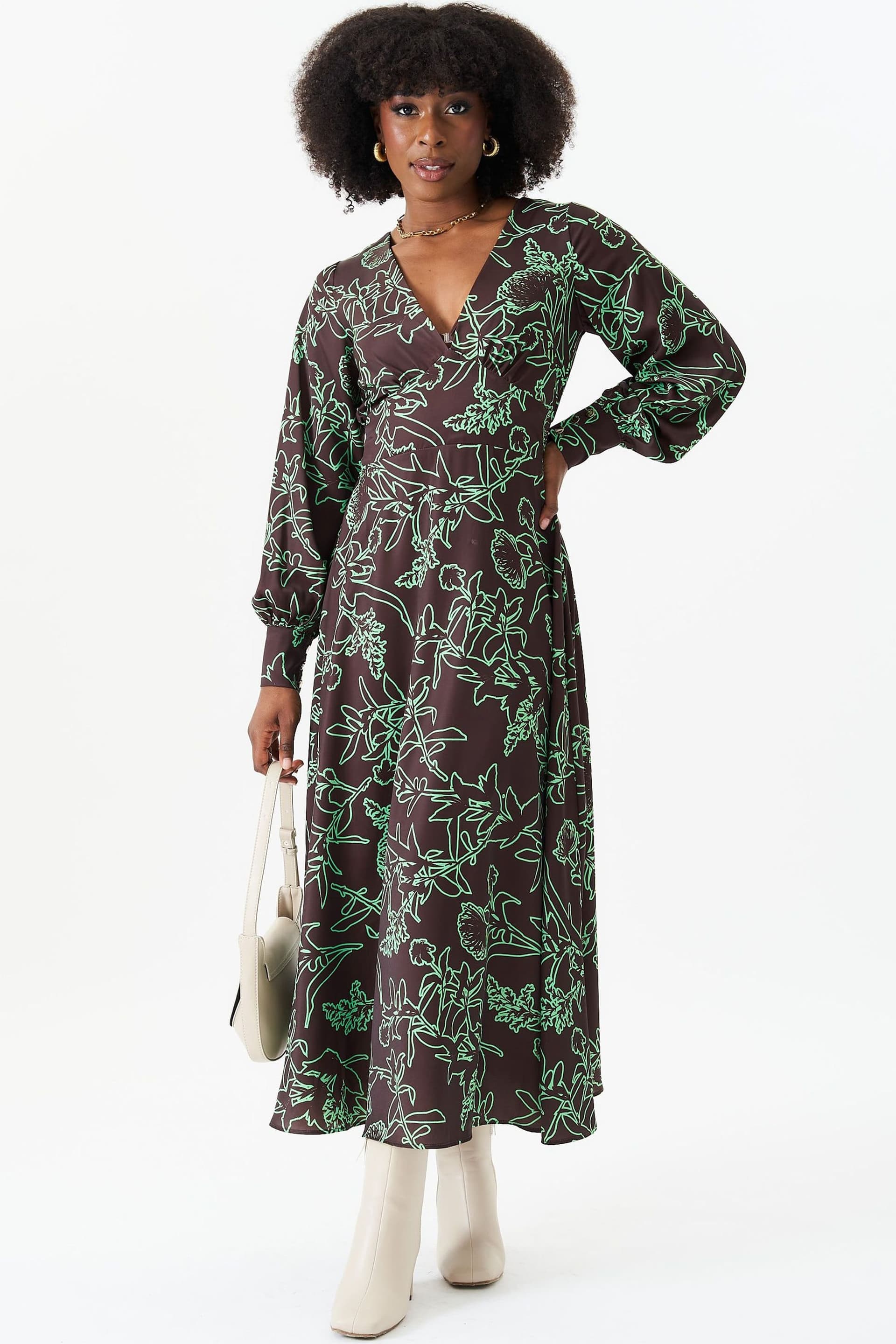 Gini London Gini London Women's Brown V Neck Long Sleeves Midi Dress in Dark Brown