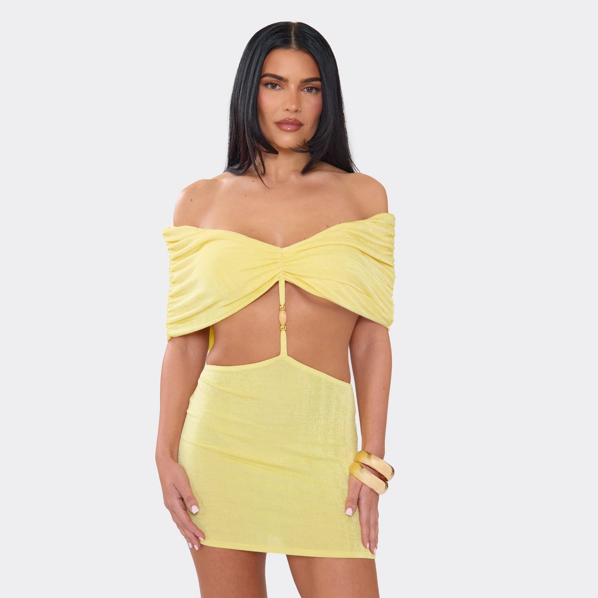 EGO Bardot Bead Strap Detail Ruched Mini Dress In Lemon, Women's Size UK 6