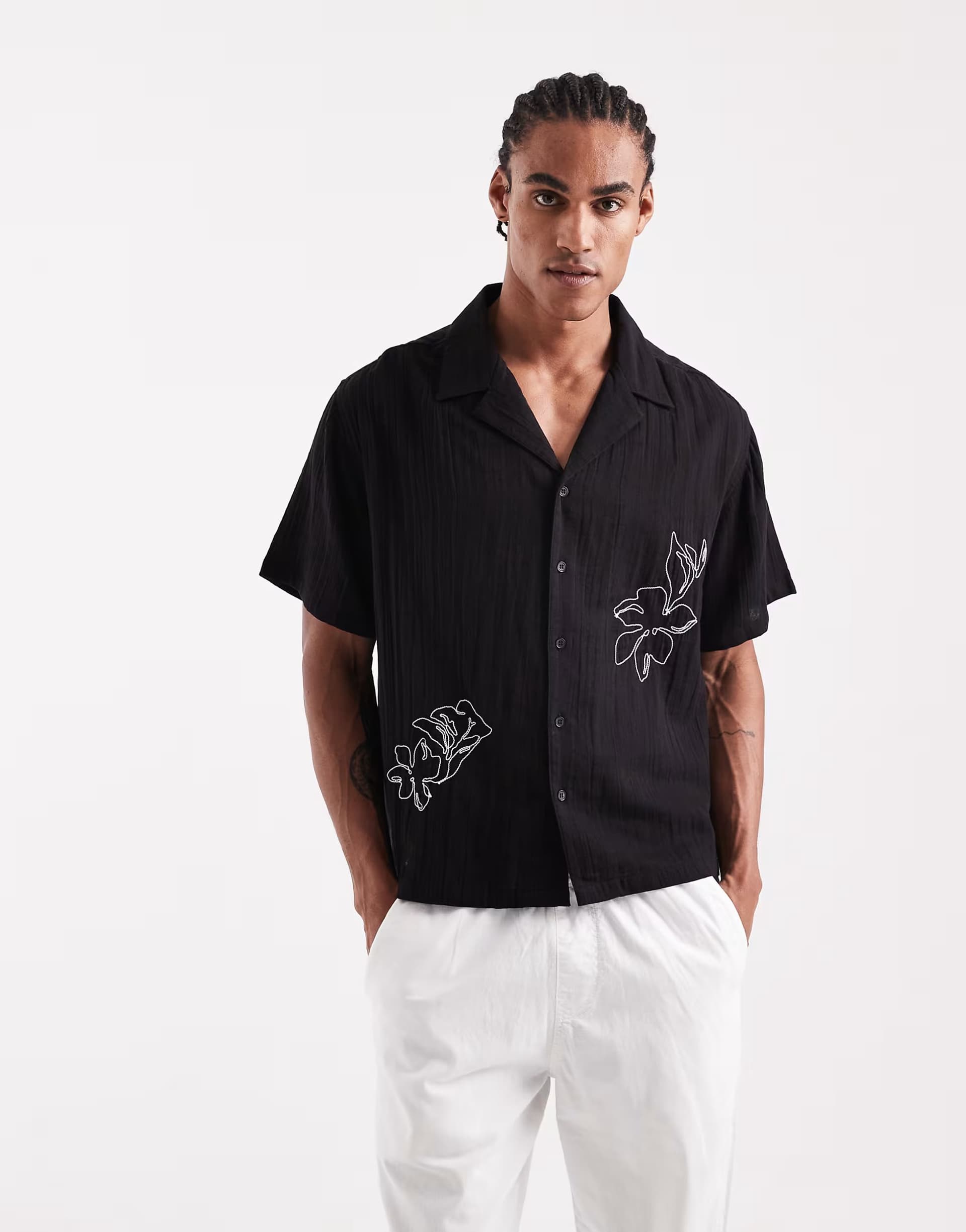 ASOS Aray embroidered revere beach shirt in black
