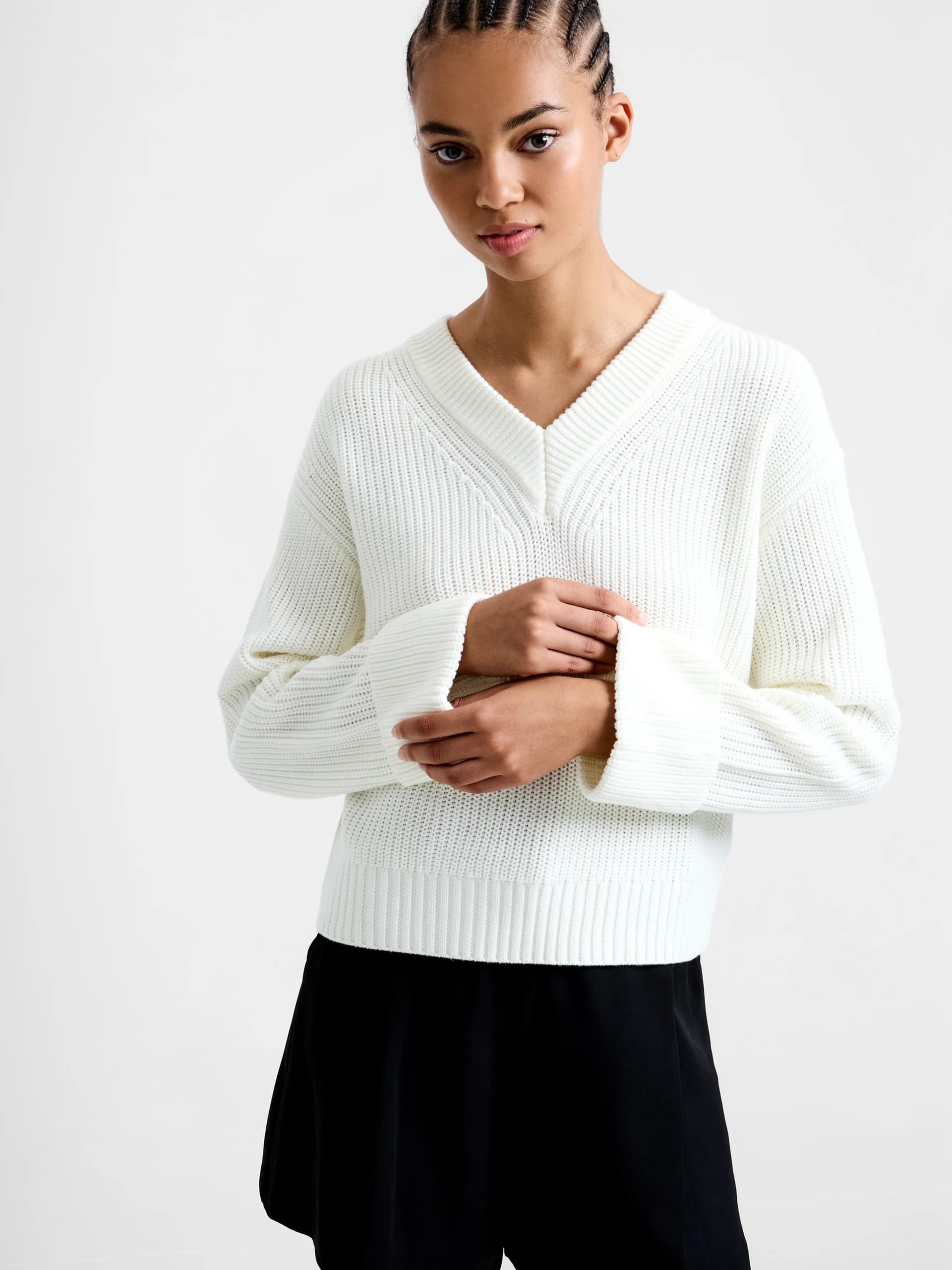 French Connection Joss Long Sleeve V Neck Jumper Porcelain Cream