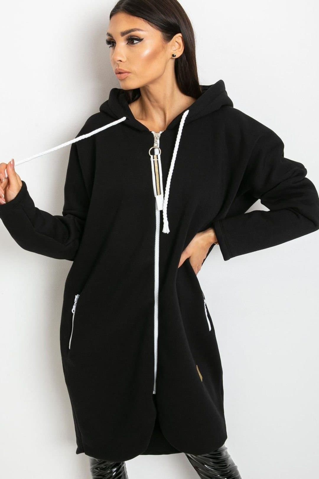 Love Lace Love Lace Women's Extended Hooded Zip Sweatshirt with Side Pockets Style 171056 in Black