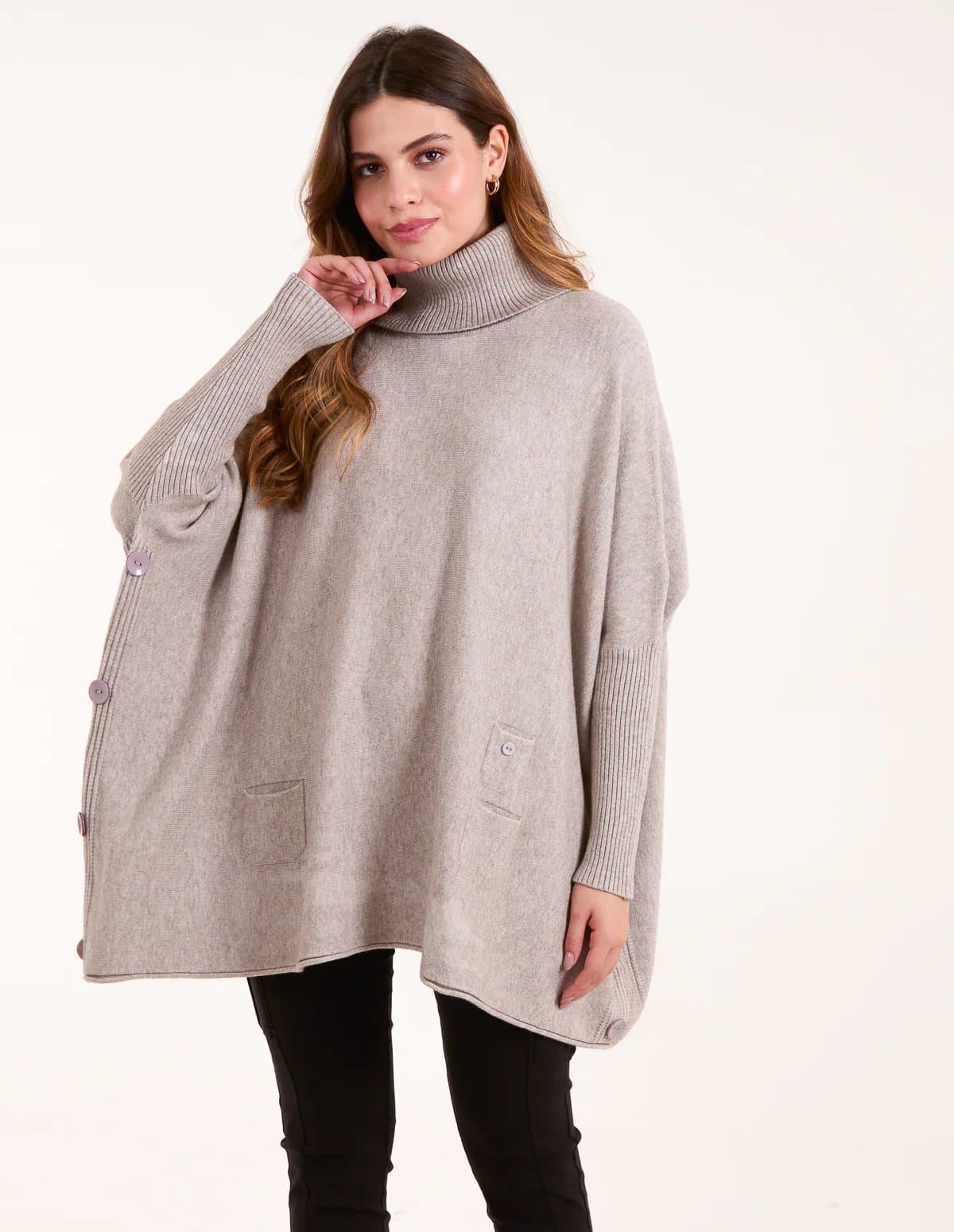 Blue Vanilla Roll Neck Button Mini Pocket Jumper