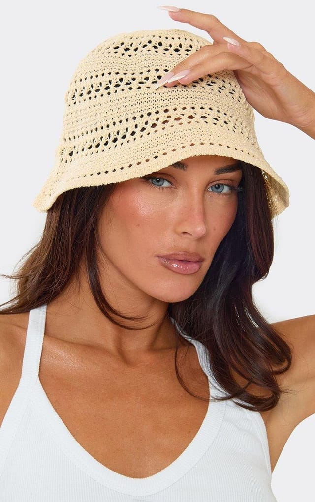 EGO Bucket Hat In Cream Crochet, Women's Size UK 0 - 2