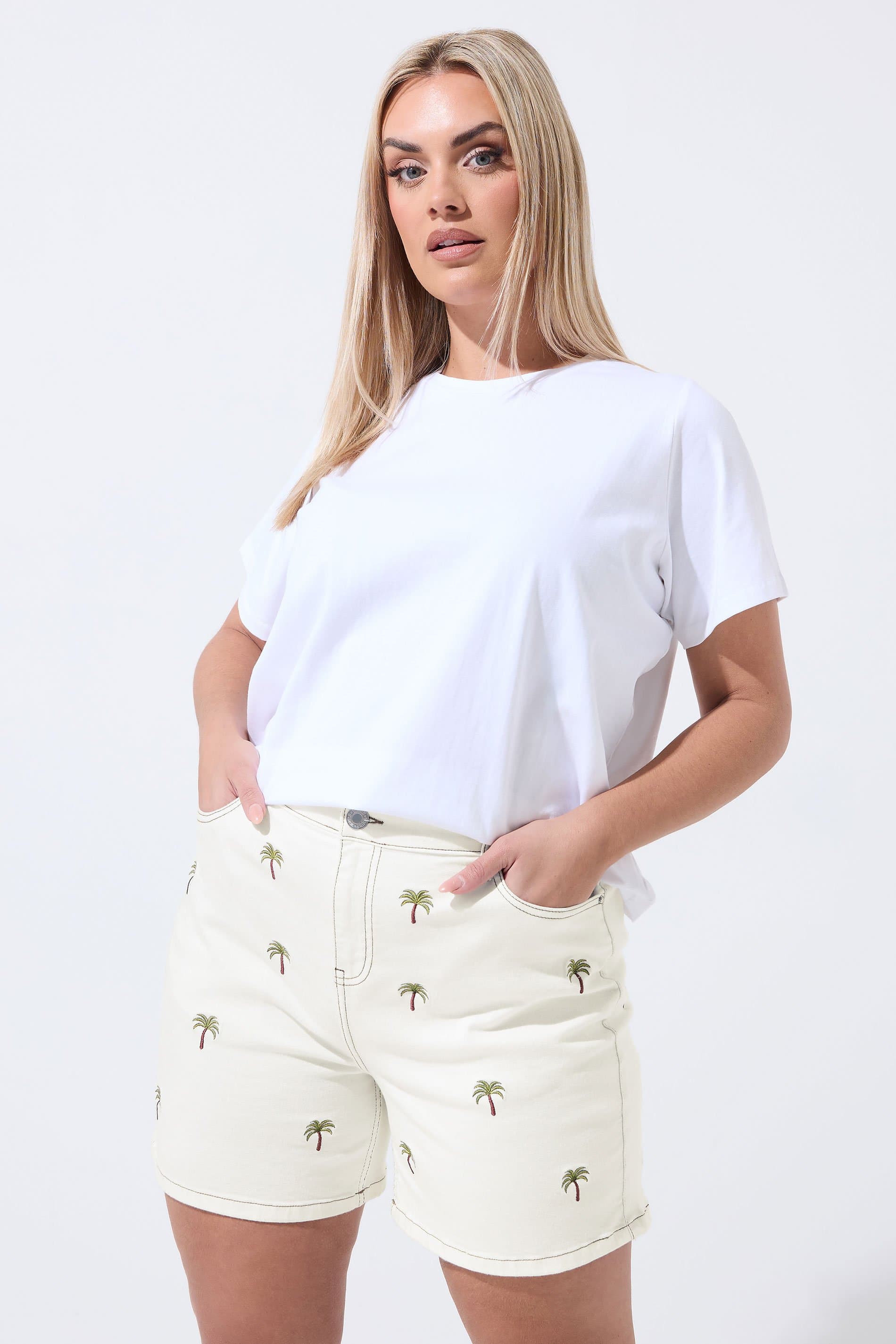 Limited Collection Plus Size Natural Brown Palm Tree Embroidered Shorts