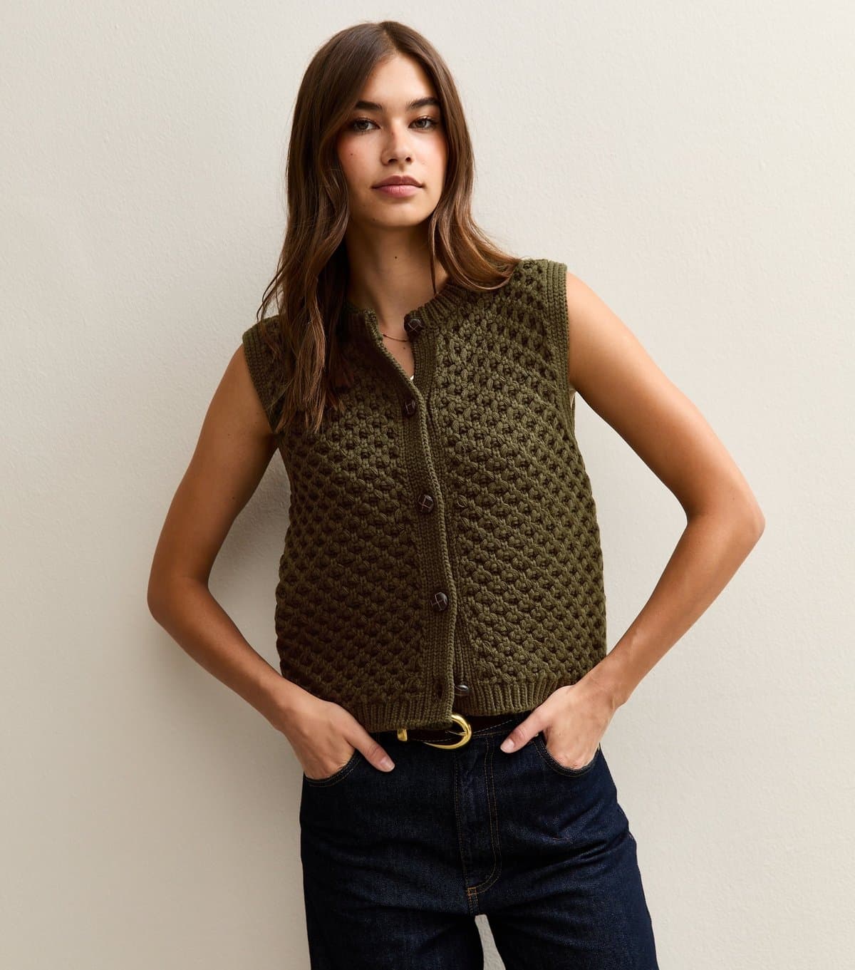 New Look Women's Khaki Moss Stitch Buttoned Waistcoat New Look