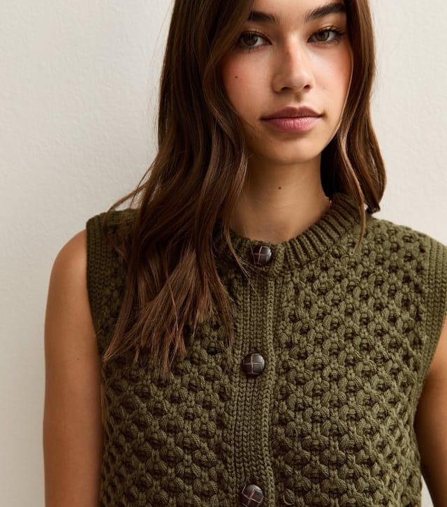 New Look Women's Khaki Moss Stitch Buttoned Waistcoat New Look - 3