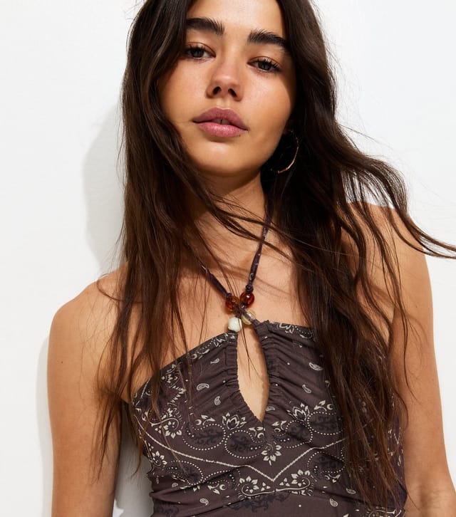 New Look Women's Brown Bead Detail Paisley Print Handkerchief Hem Mini Dress New Look - 2