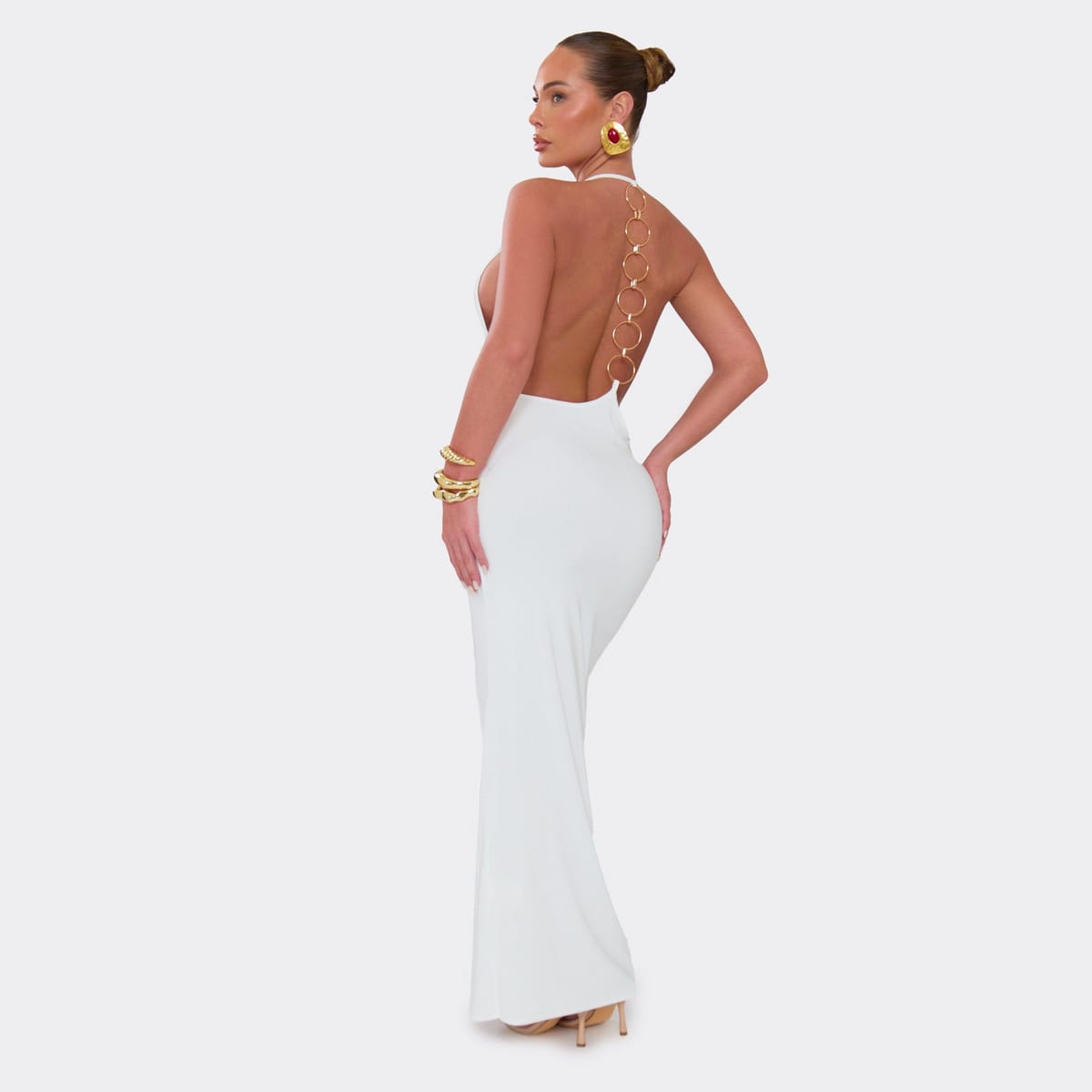 EGO Plunge Neck O Ring Back Detail Maxi Dress In White, Women's Size UK 6 - 1