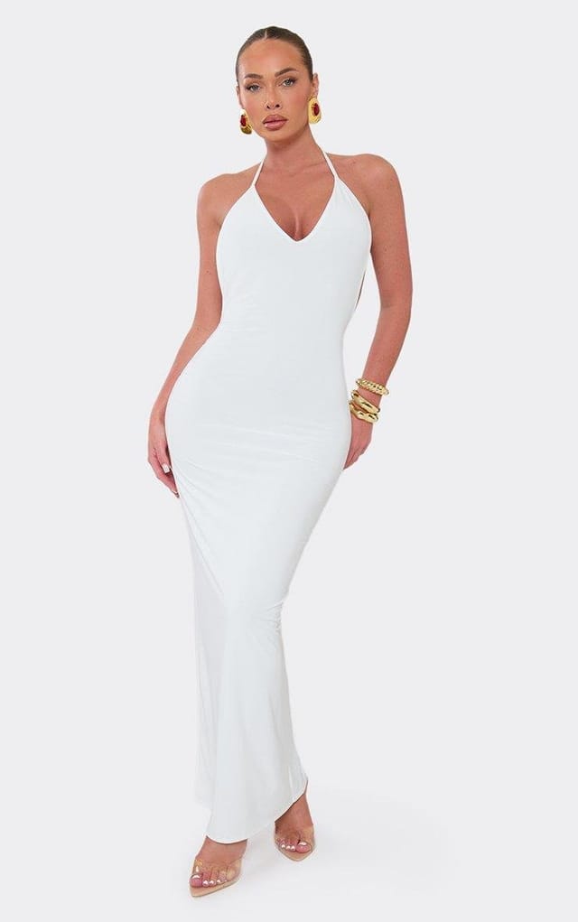 EGO Plunge Neck O Ring Back Detail Maxi Dress In White, Women's Size UK 6 - 2