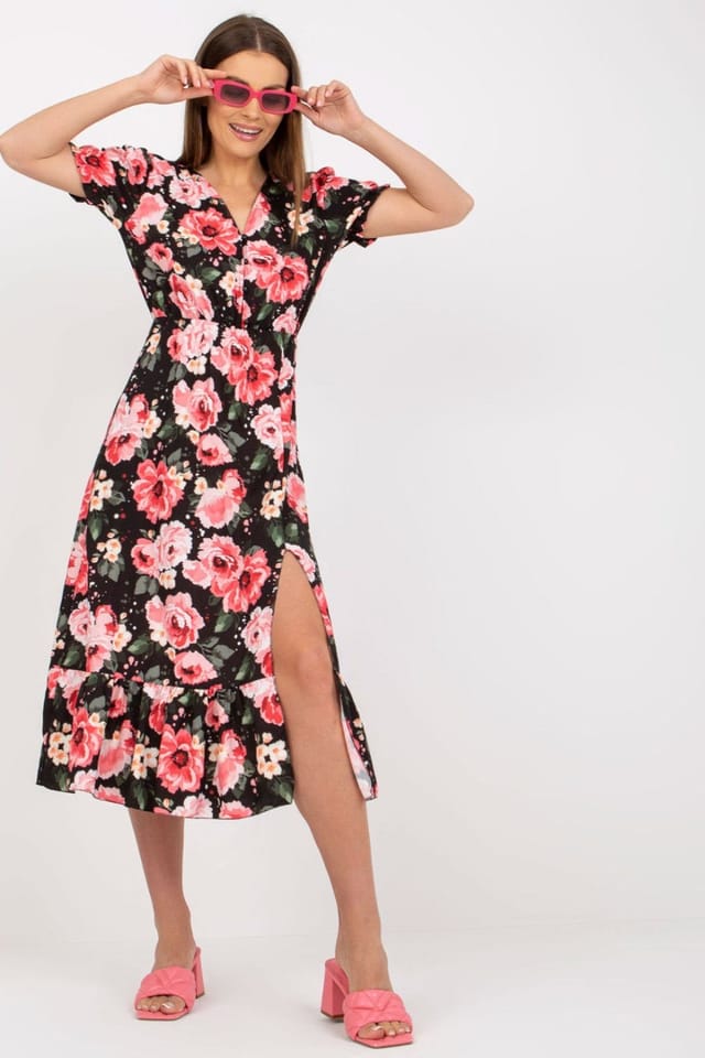 Love Lace Love Lace Women's Floral Summer Short Sleeve Button Slit Dress in Black - 2