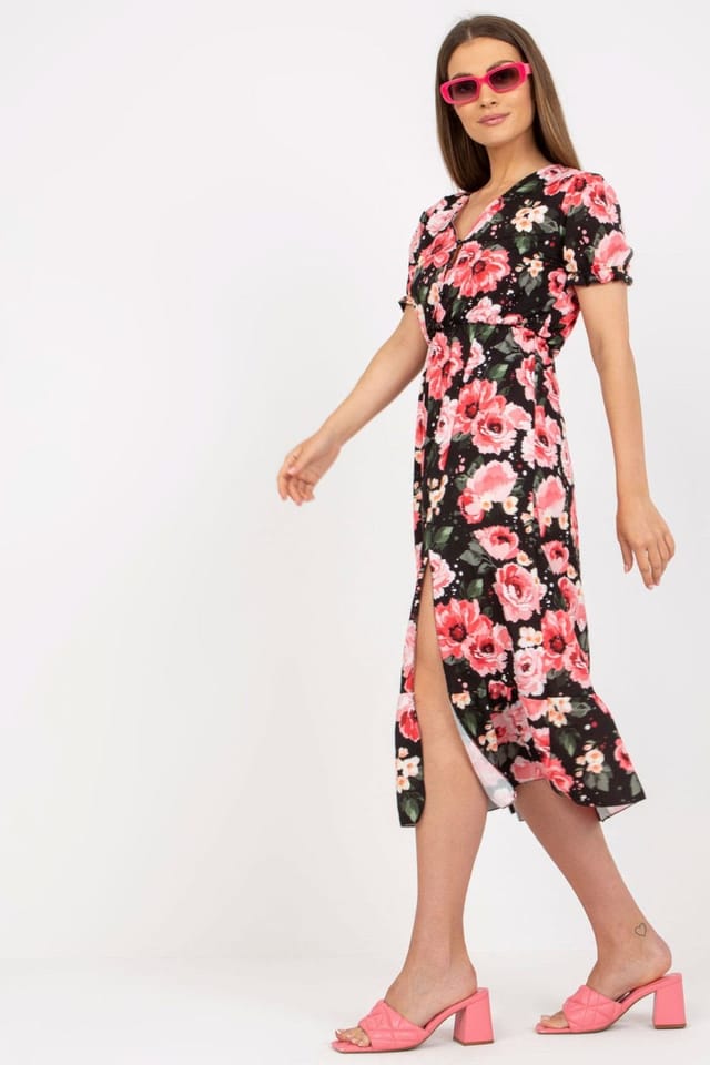 Love Lace Love Lace Women's Floral Summer Short Sleeve Button Slit Dress in Black - 3