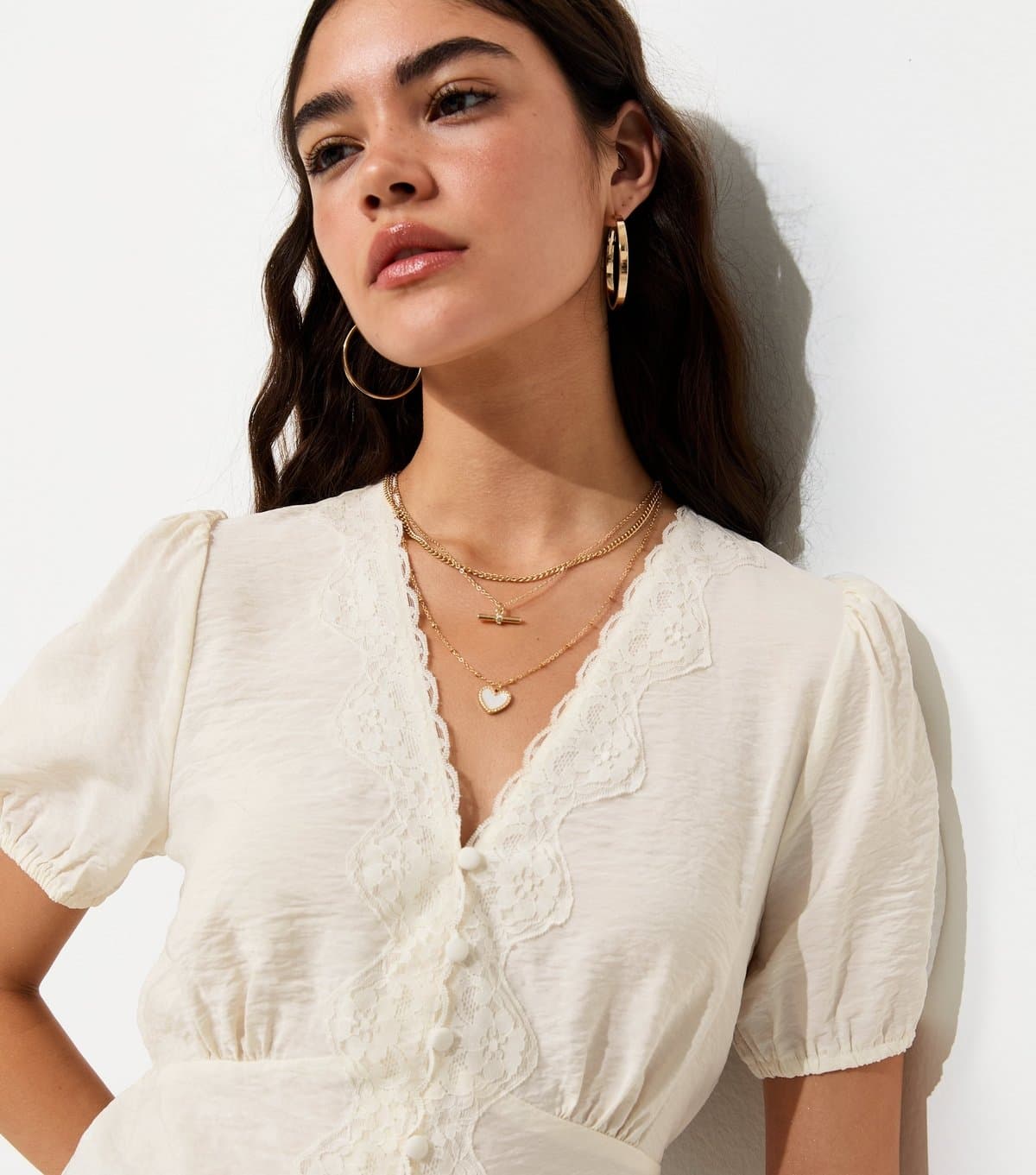 New Look Women's Off White Lace Button Tea Blouse New Look