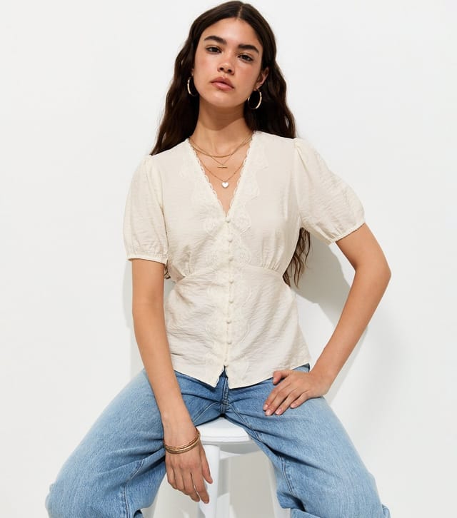 New Look Women's Off White Lace Button Tea Blouse New Look - 2