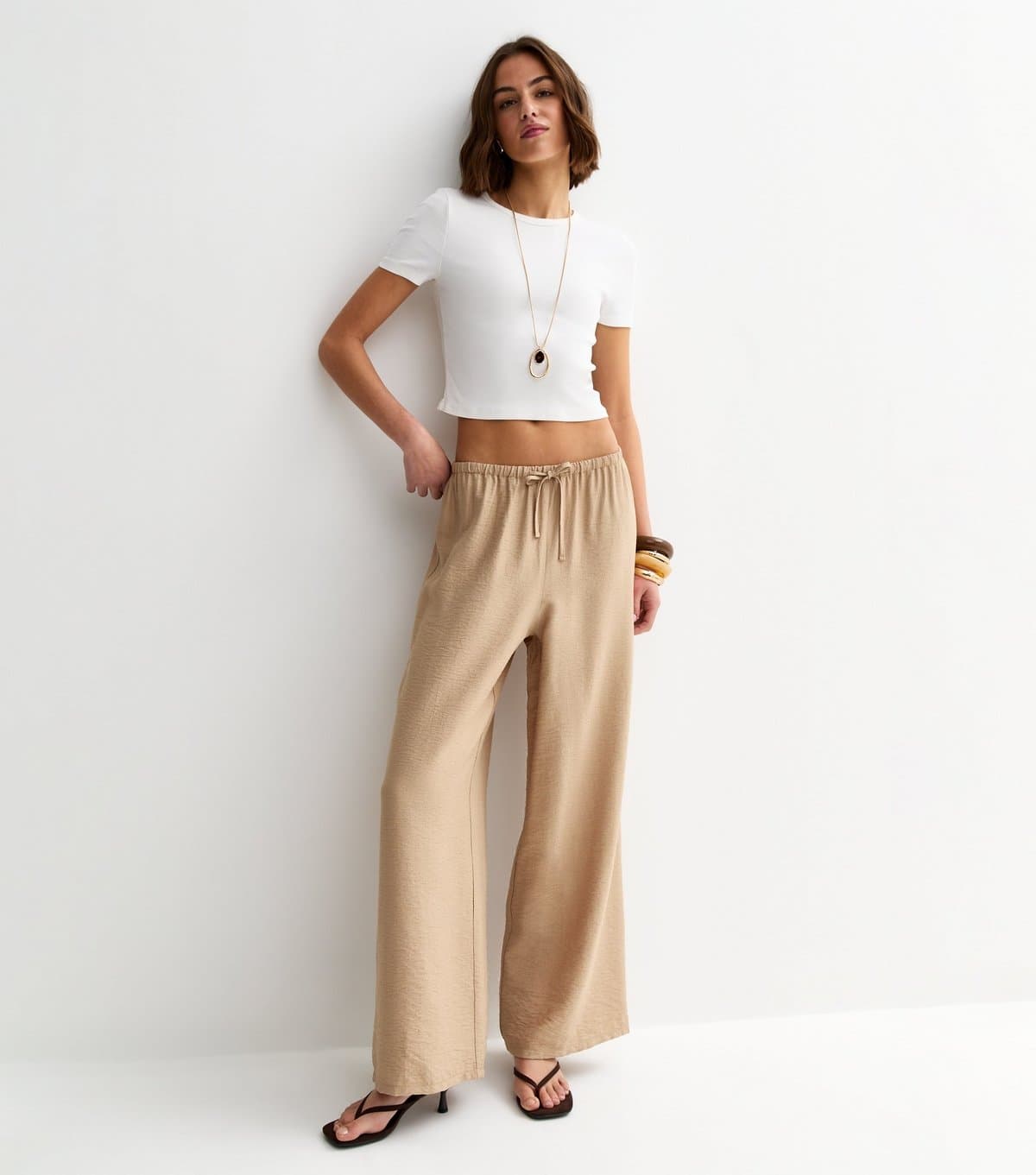 New Look Women's Stone Crinkled Wide Leg Drawstring Trousers New Look