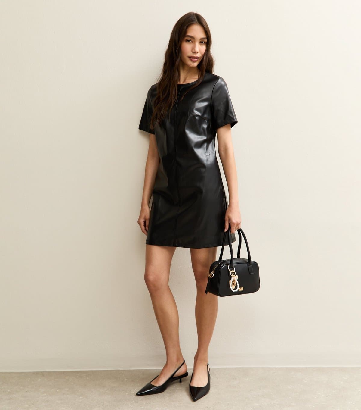 New Look Women's Black Faux Leather Short Sleeve Mini Dress New Look