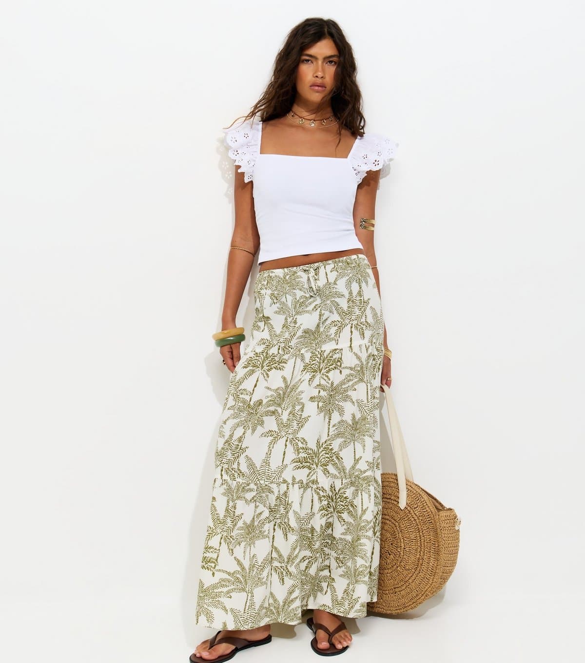 New Look Women's Green Crepe Palm Tree Print Tiered Midi Skirt New Look