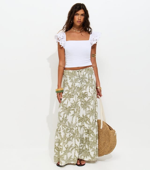 New Look Women's Green Crepe Palm Tree Print Tiered Midi Skirt New Look - 2