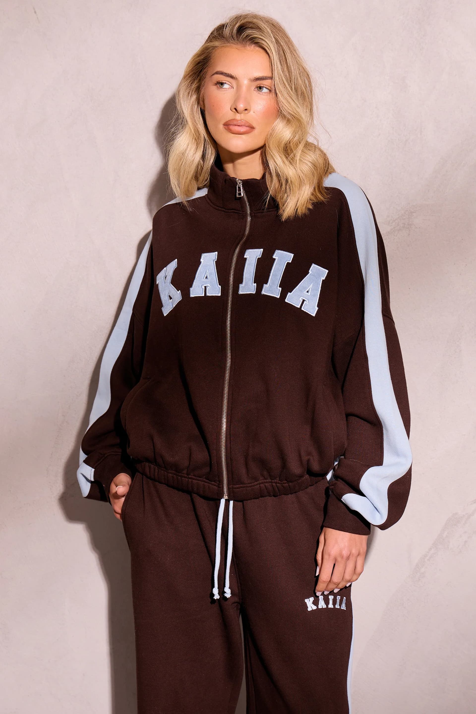 Kaiia Kaiia Sport Stripe Funnel Neck Zip Through Sweatshirt Chestnut Brown & Dusty Blue