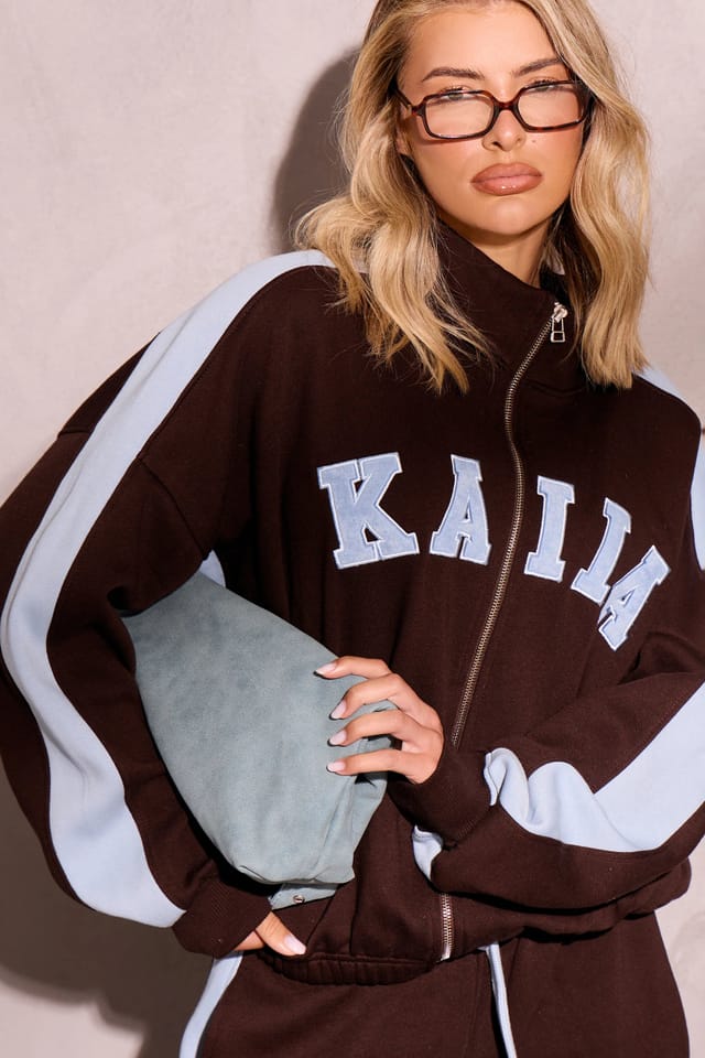 Kaiia Kaiia Sport Stripe Funnel Neck Zip Through Sweatshirt Chestnut Brown & Dusty Blue - 2