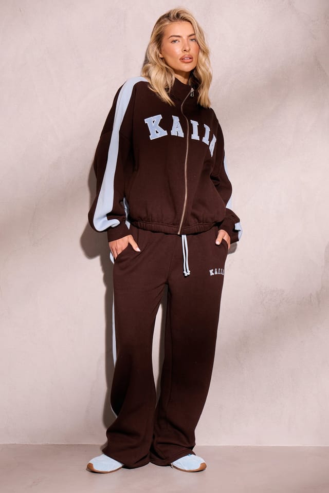 Kaiia Kaiia Sport Stripe Funnel Neck Zip Through Sweatshirt Chestnut Brown & Dusty Blue - 3