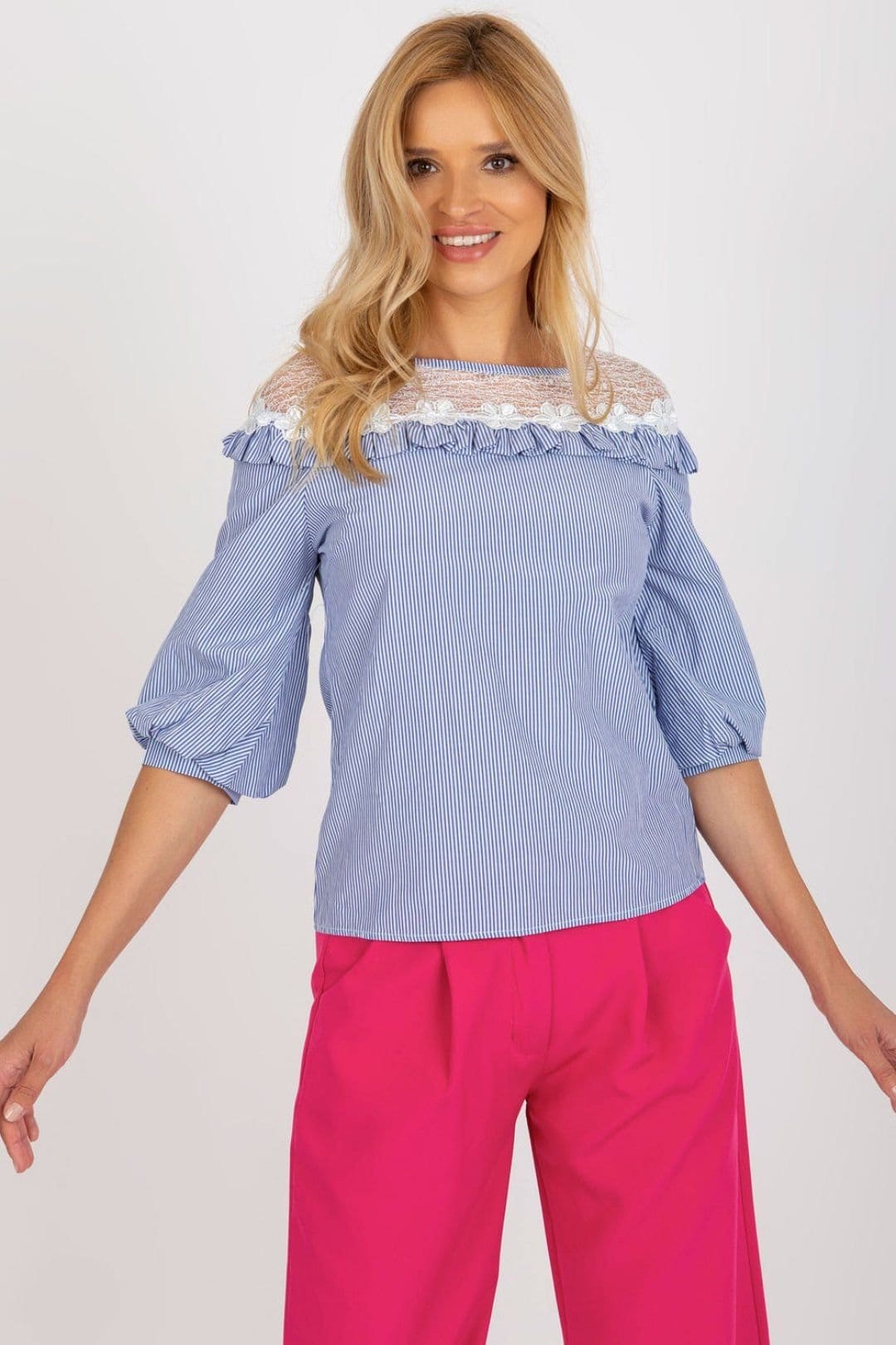 Love Lace Blue Cotton Striped Lace Ruffle Blouse