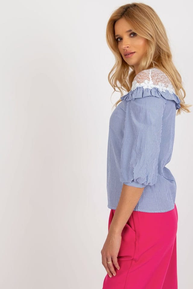Love Lace Love Lace Women's Elegant Cotton Striped Lace Ruffle Blouse in Blue - 2