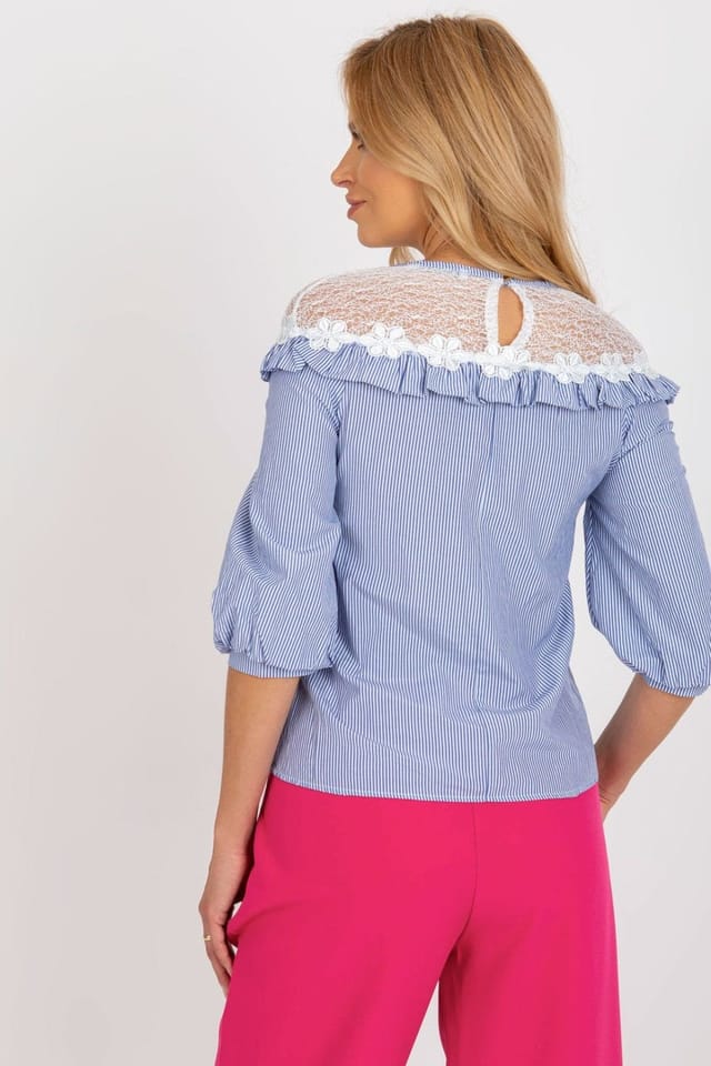 Love Lace Love Lace Women's Elegant Cotton Striped Lace Ruffle Blouse in Blue - 3