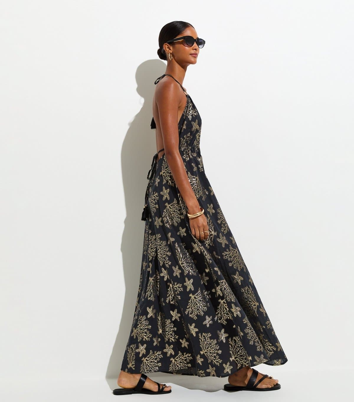 New Look Women's Black Cotton Rich Shimmer Jacquard V-Neck Beach Dress New Look