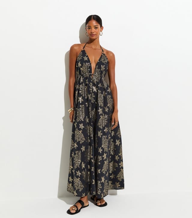 New Look Women's Black Cotton Rich Shimmer Jacquard V-Neck Beach Dress New Look - 3