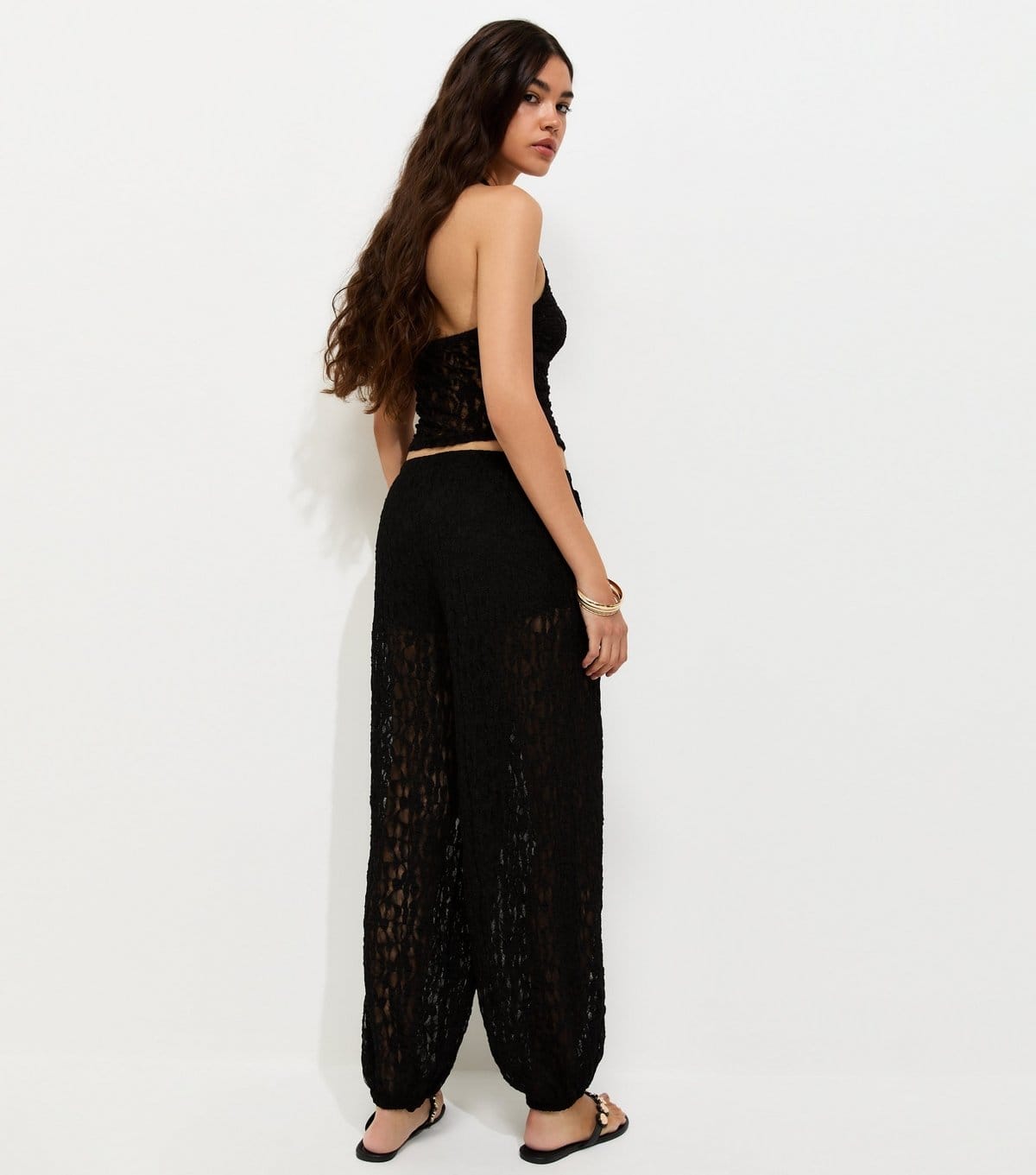 New Look Women's Black Sheer Lace Wide Cuffed Trousers New Look - 4